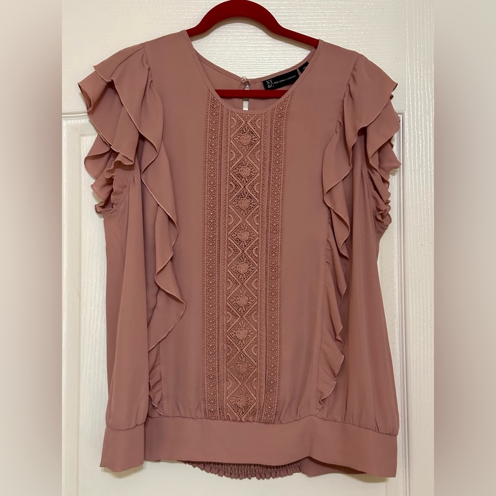 New York & Company Dusty Rose Ruffle Trim Embroidered Front Blouse